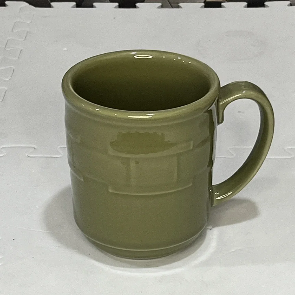 Longaberger Pottery Coffee Mugs Woven Traditions Set 2 USA Vintage Cream Green - Picture 3 of 12